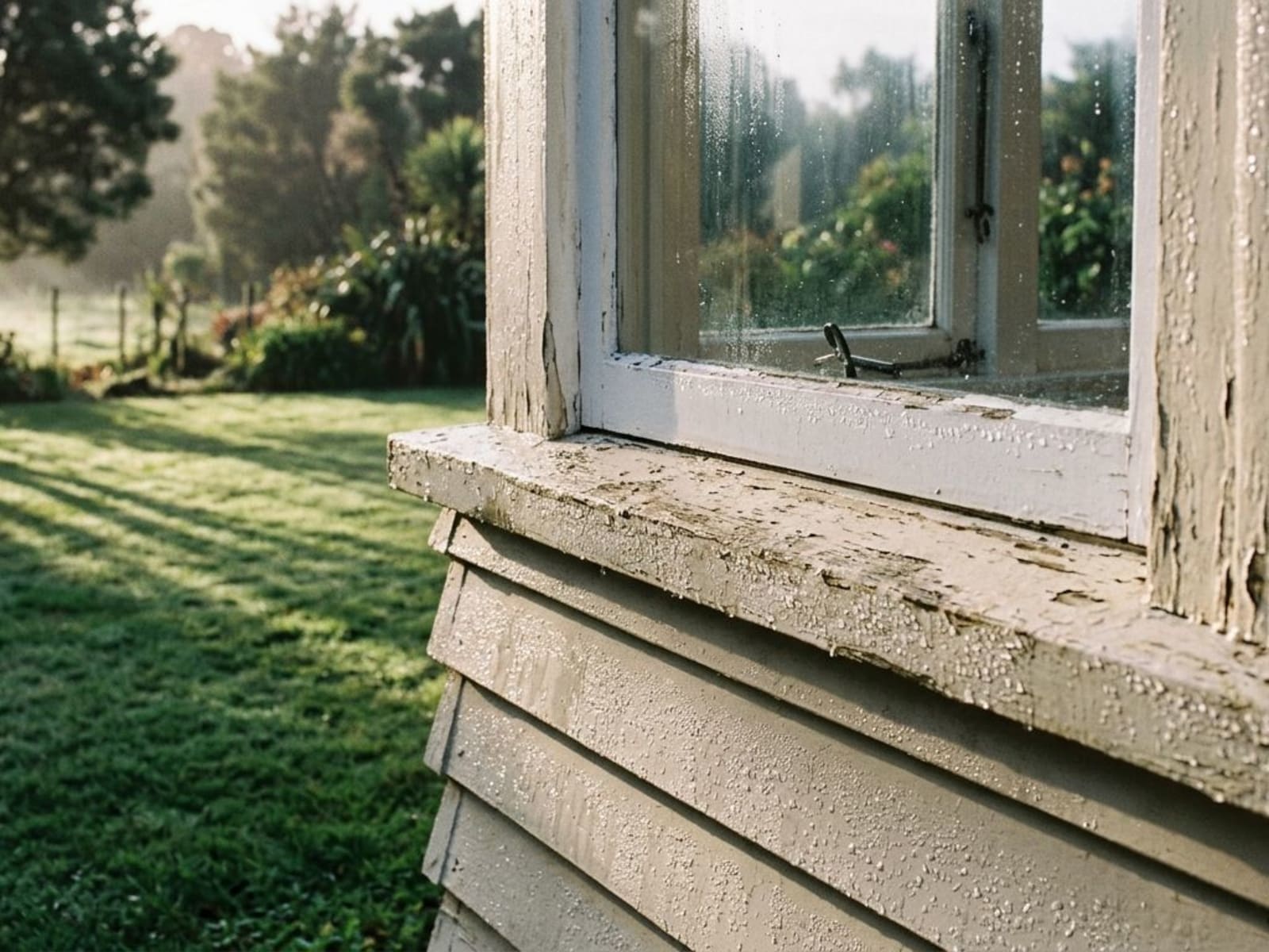 Heavy dew on a painted timber sill early in the morning