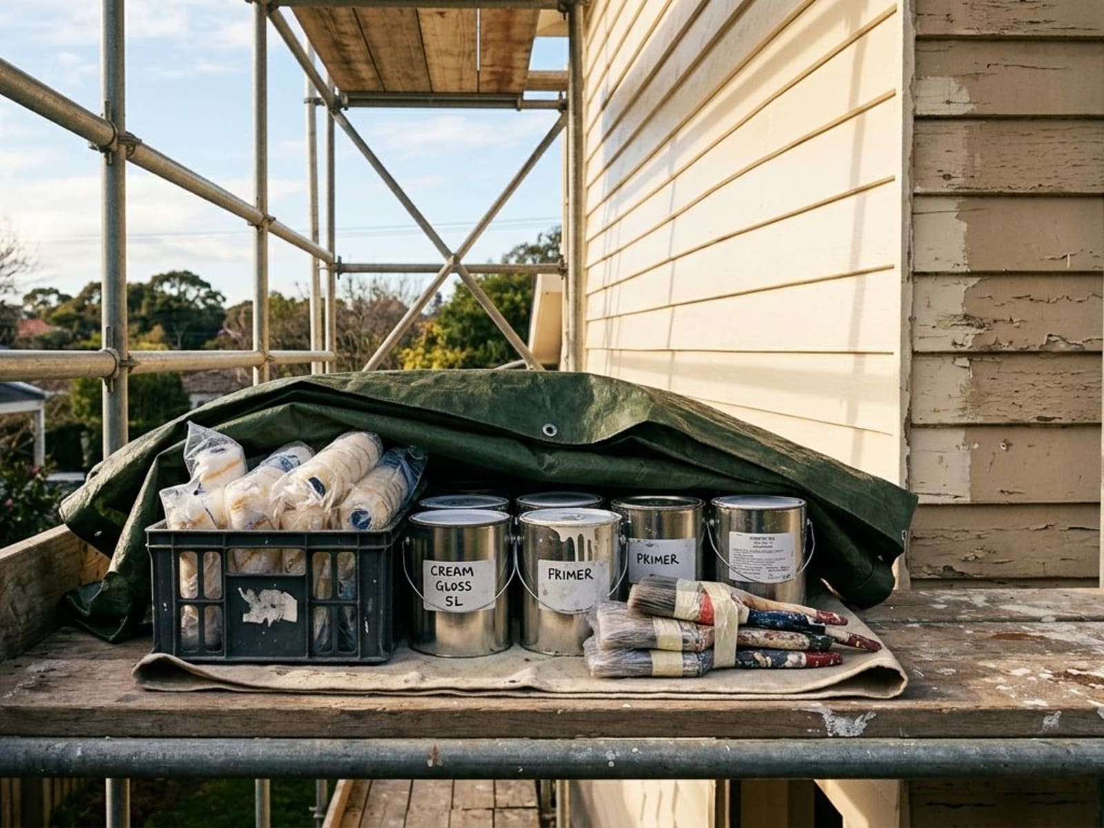 Painter's gear packed up on scaffolding in the early afternoon