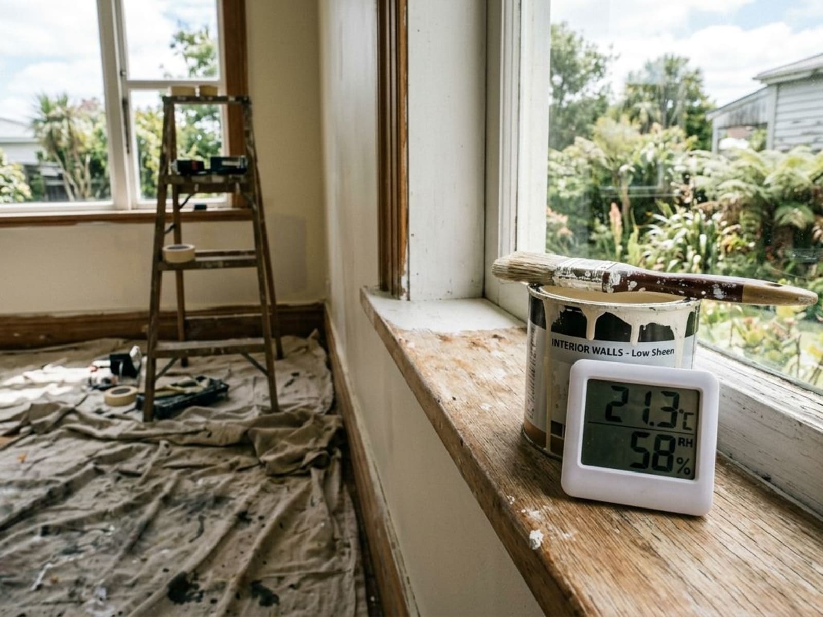 Small hygrometer sitting on a windowsill beside painting gear