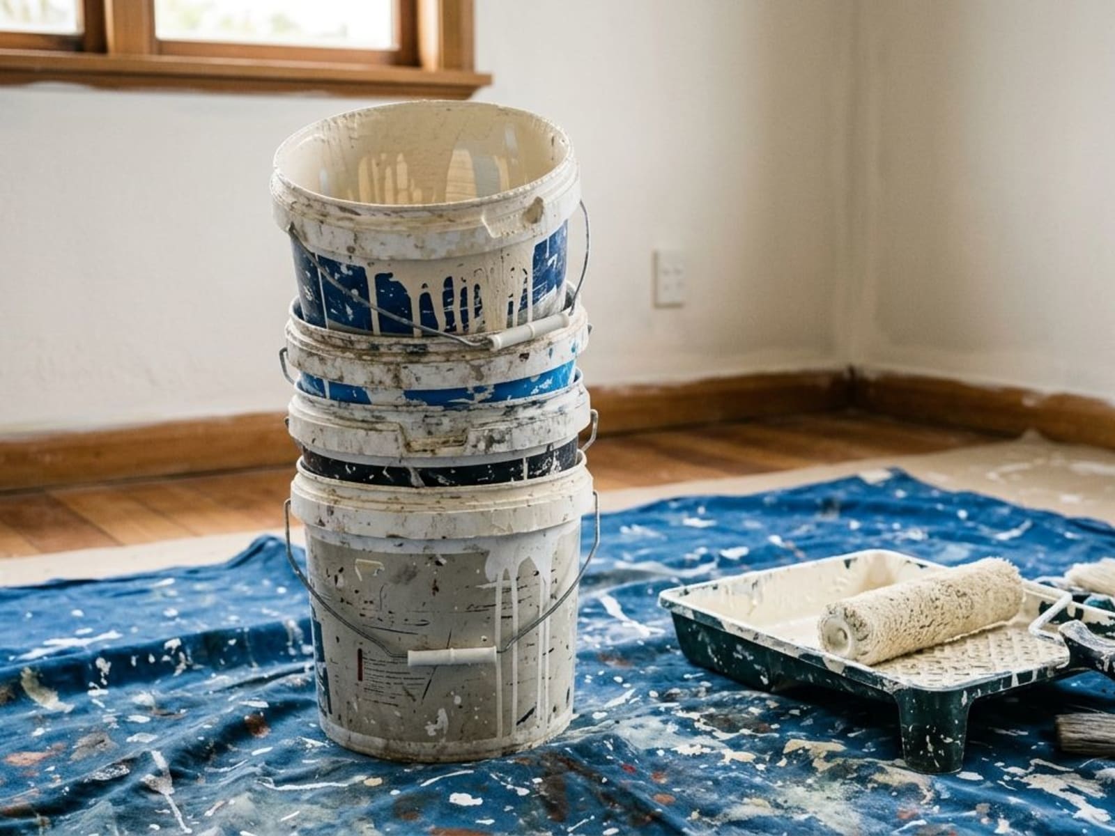Empty paint pails stacked beside a job at the end of a repaint