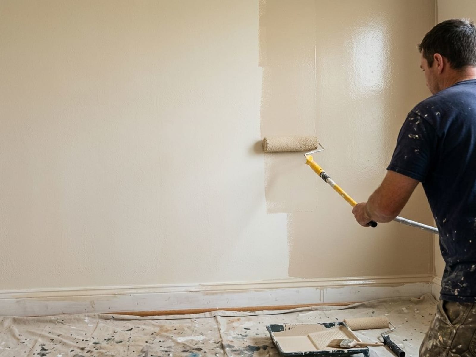 Second coat being rolled over a wall showing the wet edge