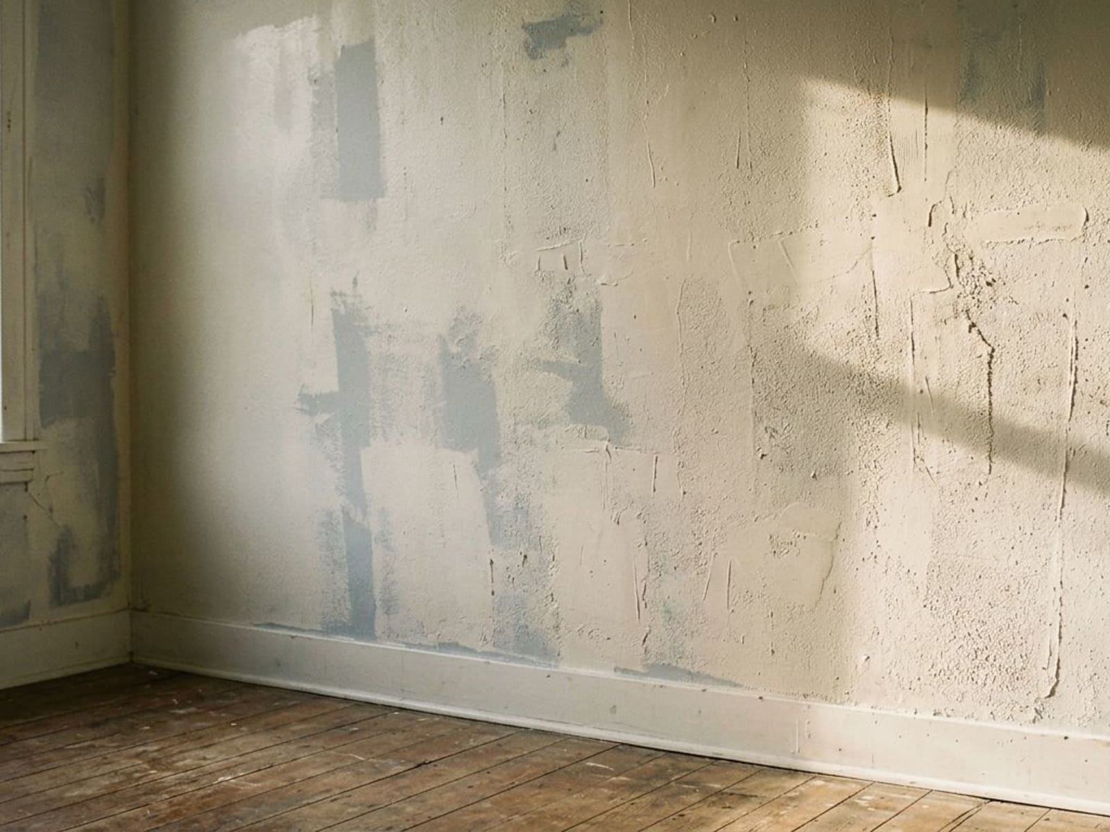 Raking light on a wall revealing patchy coverage from a thin coat