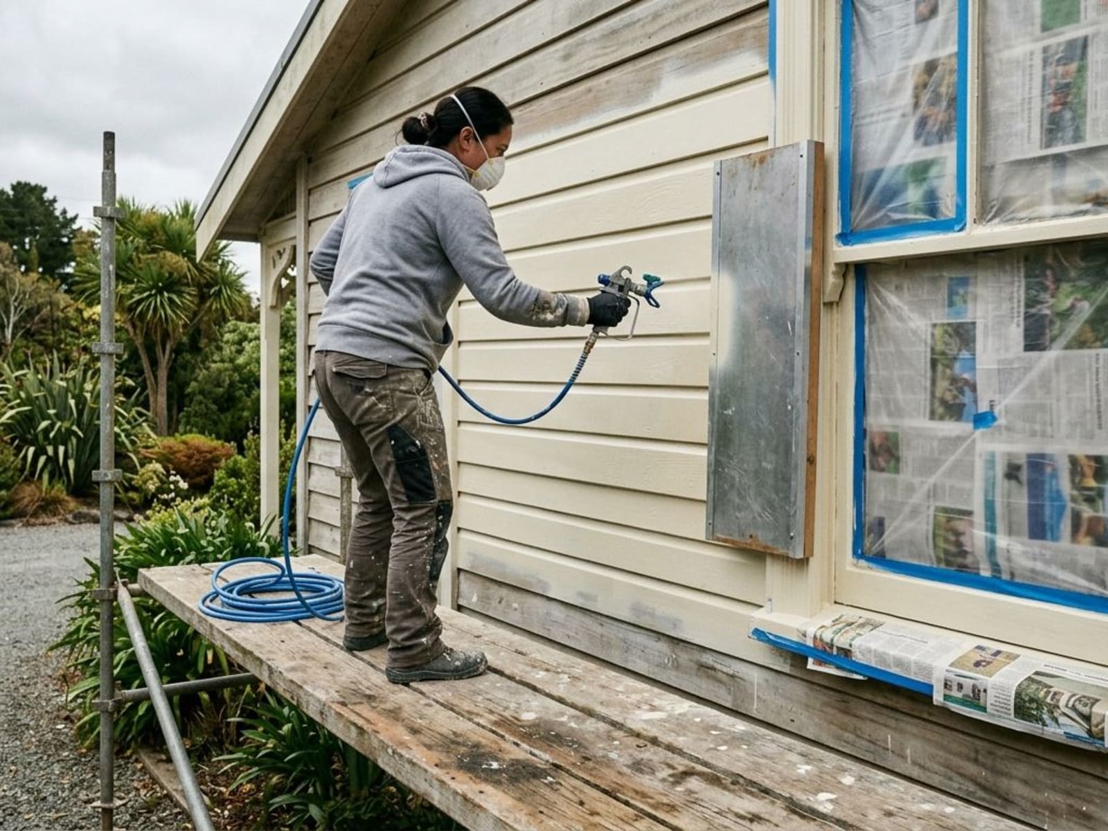 Weatherboards being sprayed with a second finish coat