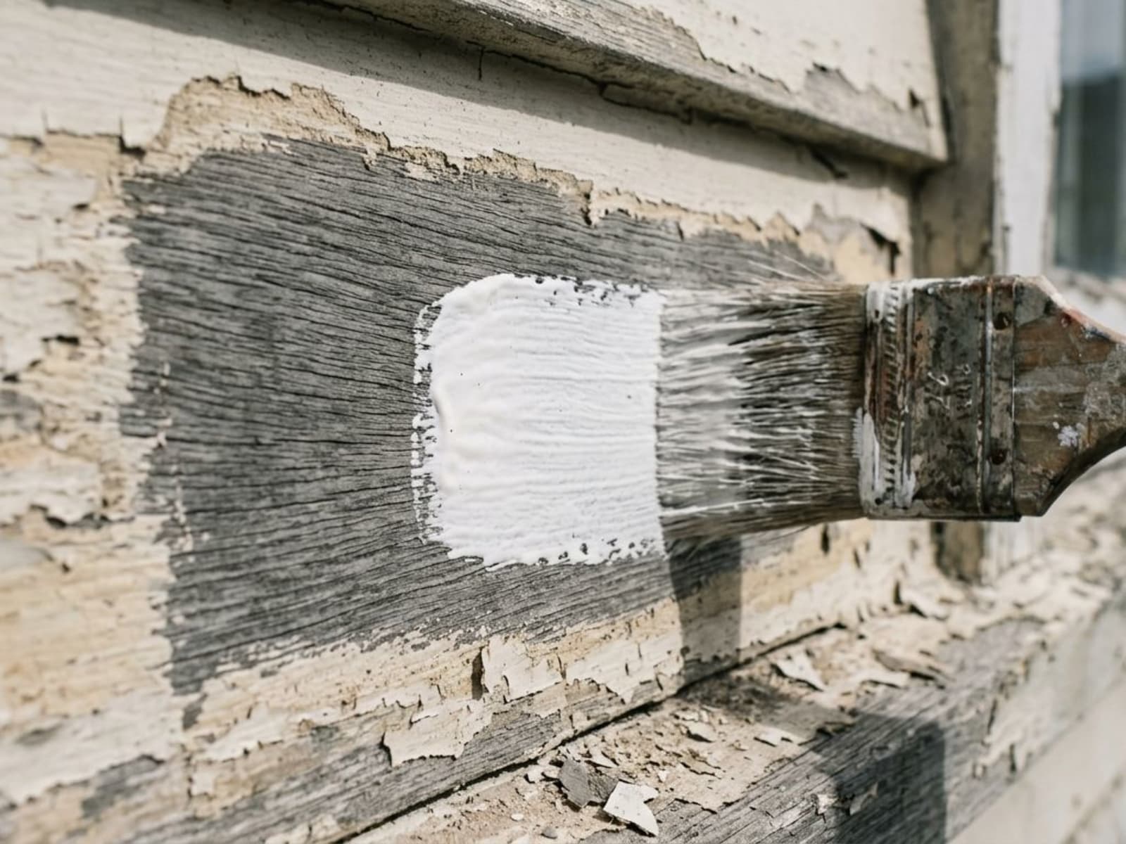 White primer being brushed onto scraped bare weatherboard