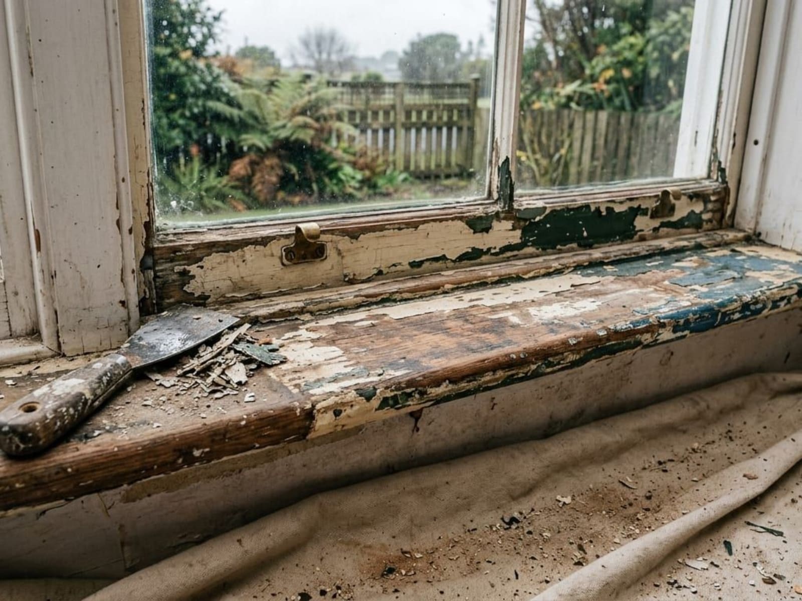 Scraped window sill with old paint layers visible at the edges