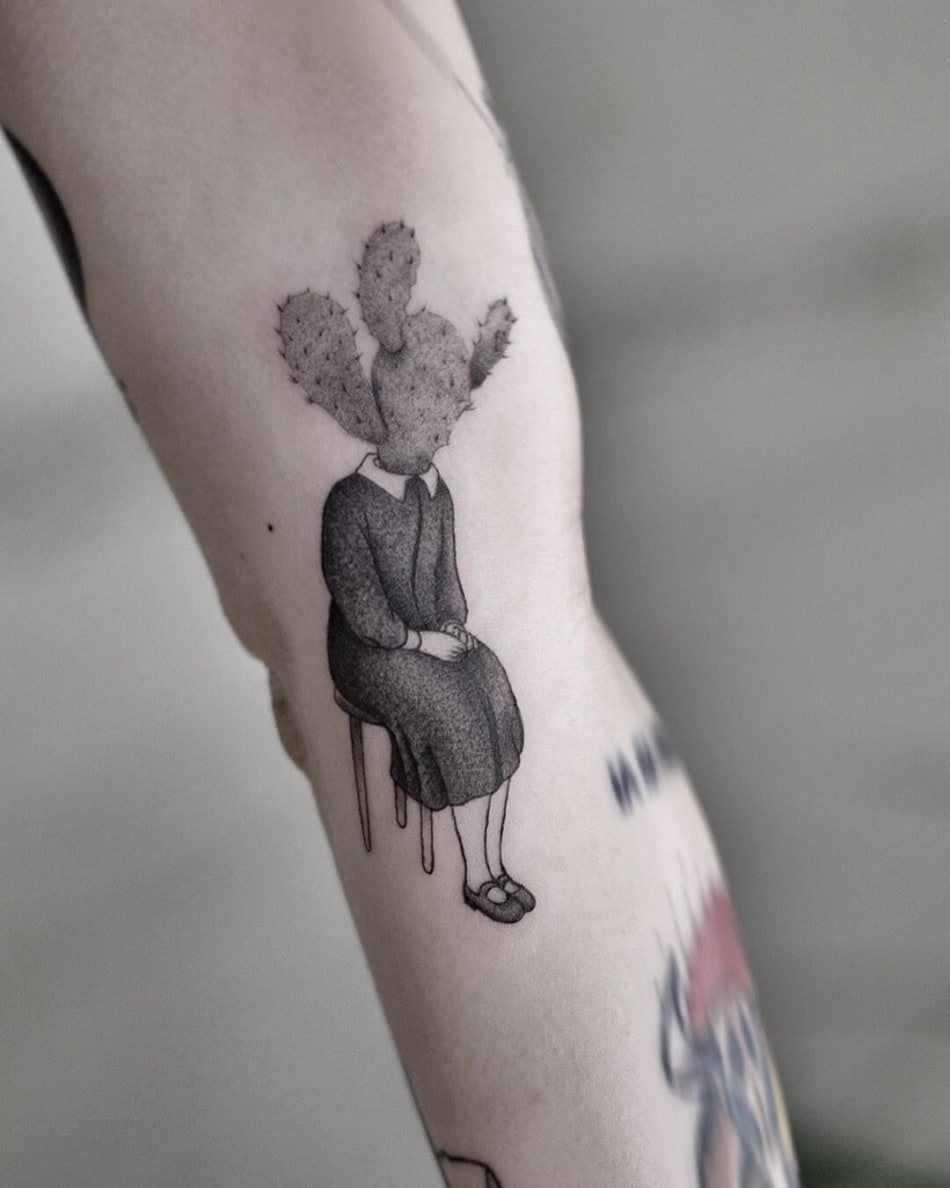 Woman with a cactus as a head tattoo by Akiwong