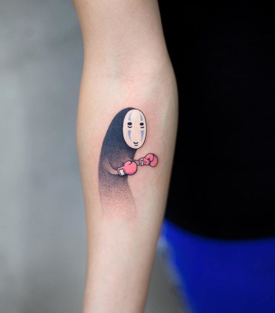 Anime tattoo shwoing noface with pink boxing gloves by Akiwong