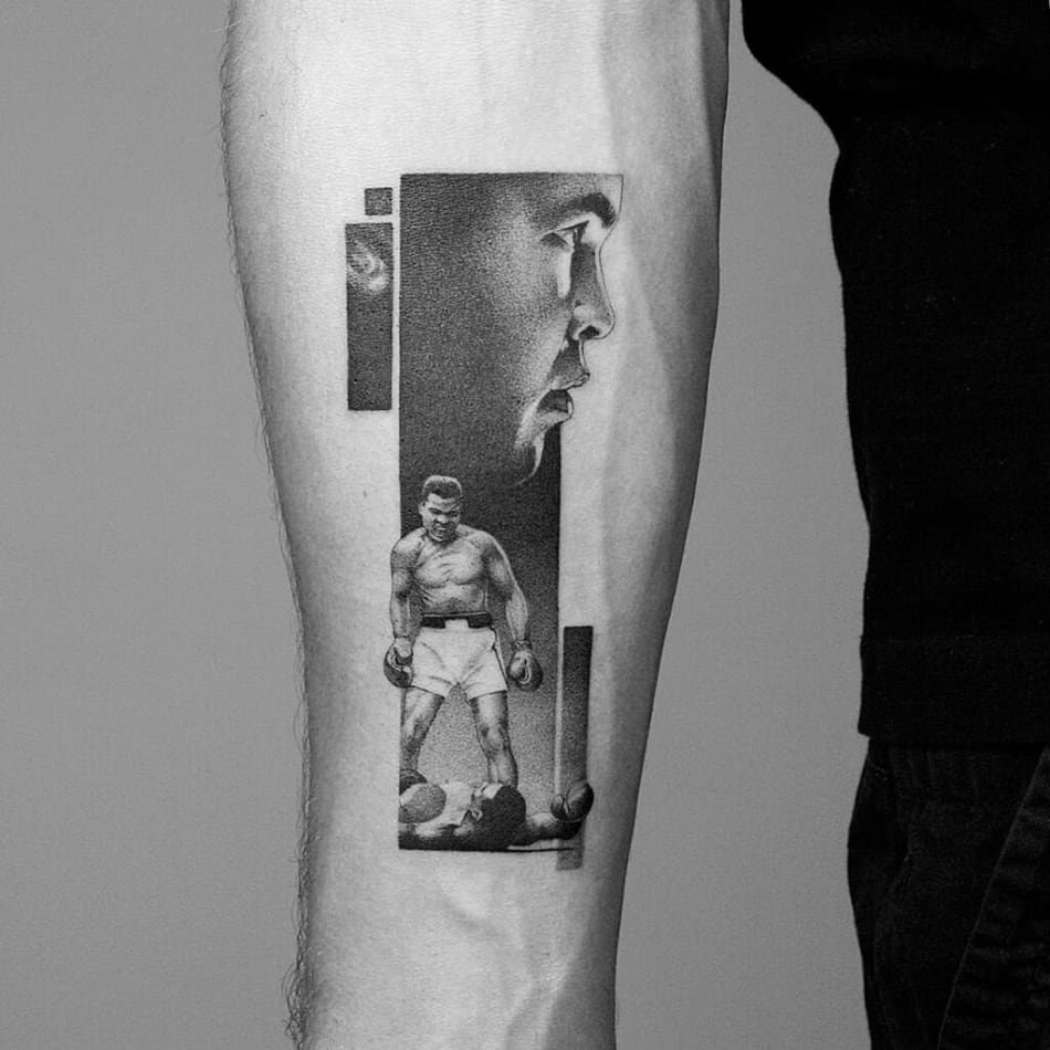 Mohammed Ali collage tattoo by Amanda Piejak