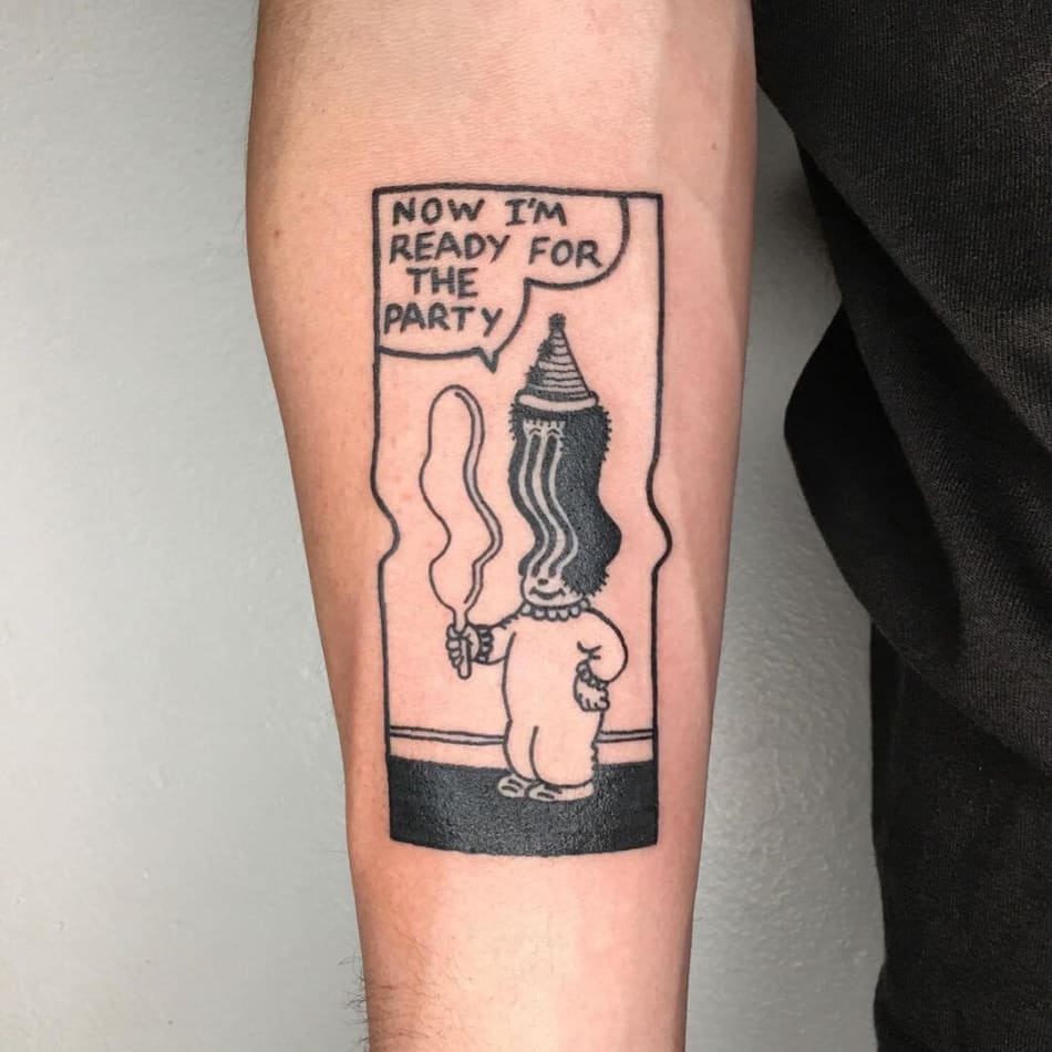 glitched clown comic strip cartoon tattoo by Androidoh