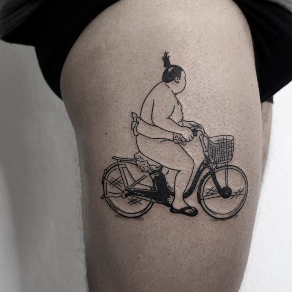 sumo wrestler on bike tattoo by Aphelion Hoodz