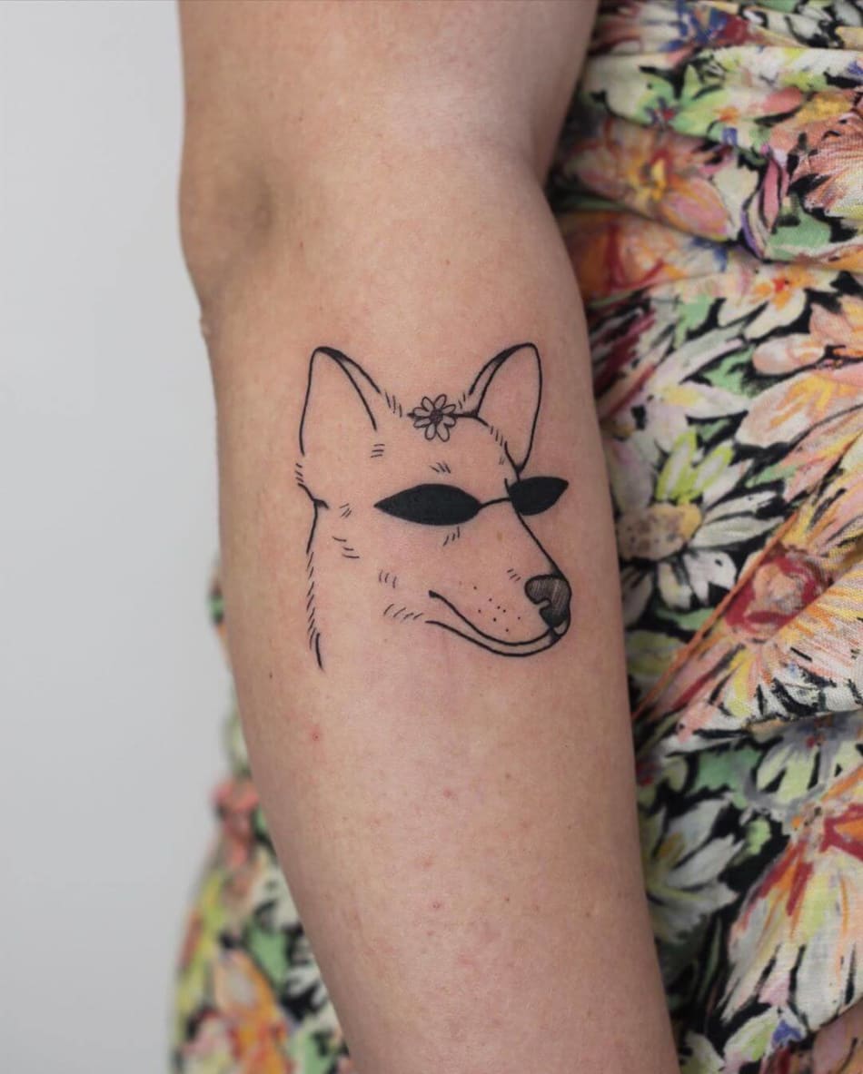 dog with sunglasses tattoo by Bee Amour