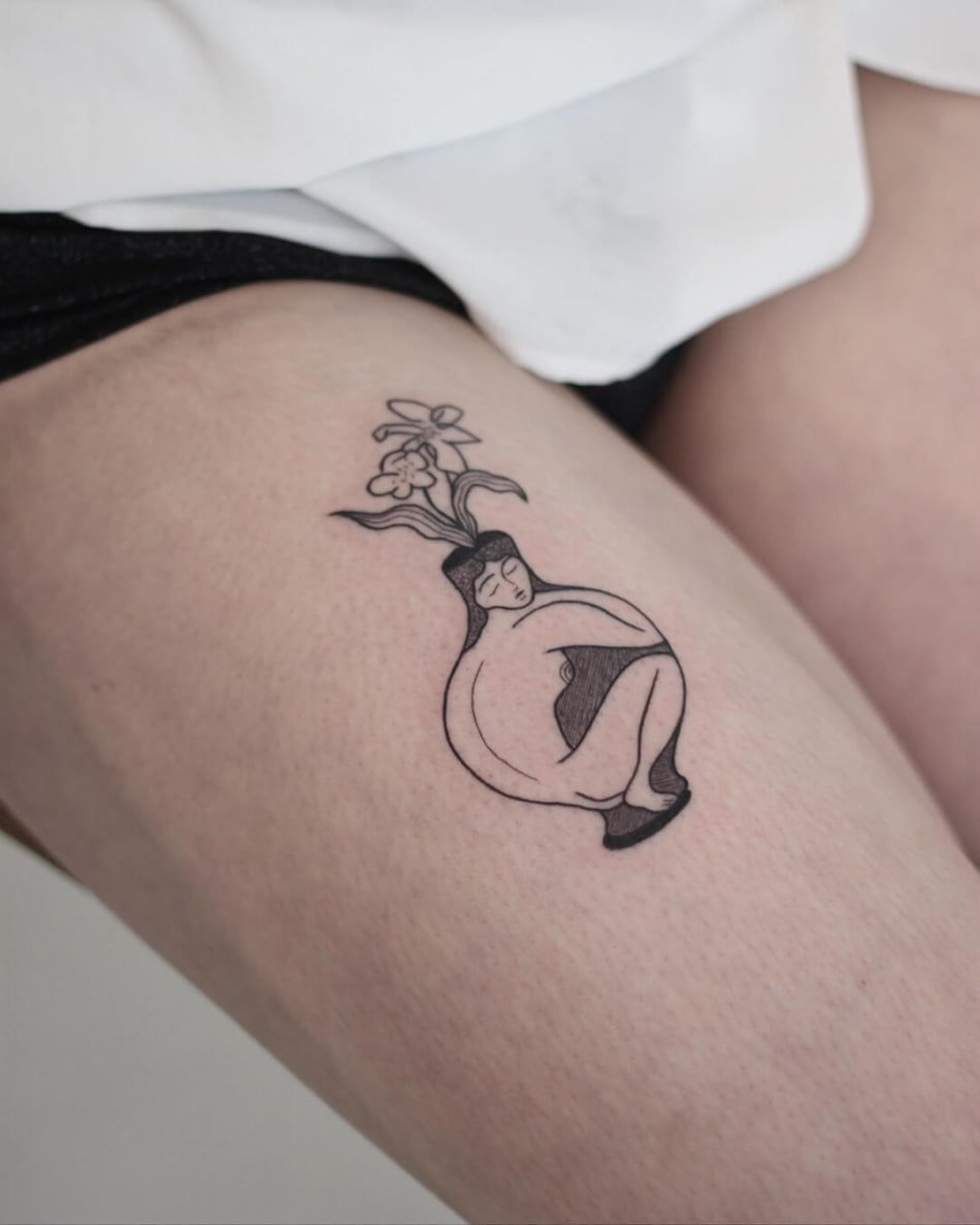 girl in vase tattoo by Bee Amour