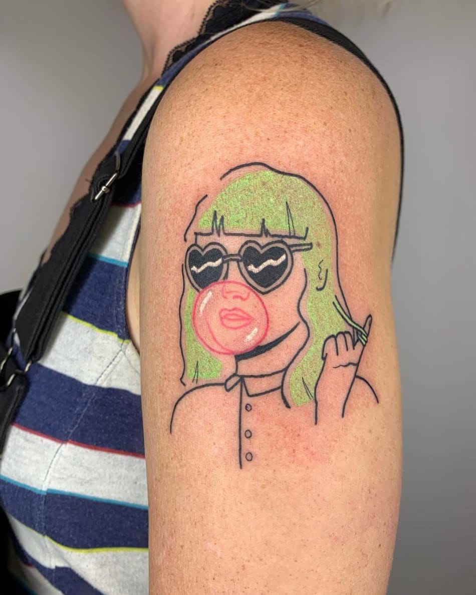 Illustrative female portrait of girl with bubblegum and heart-shaped sunglasses tattoo by Blaabad