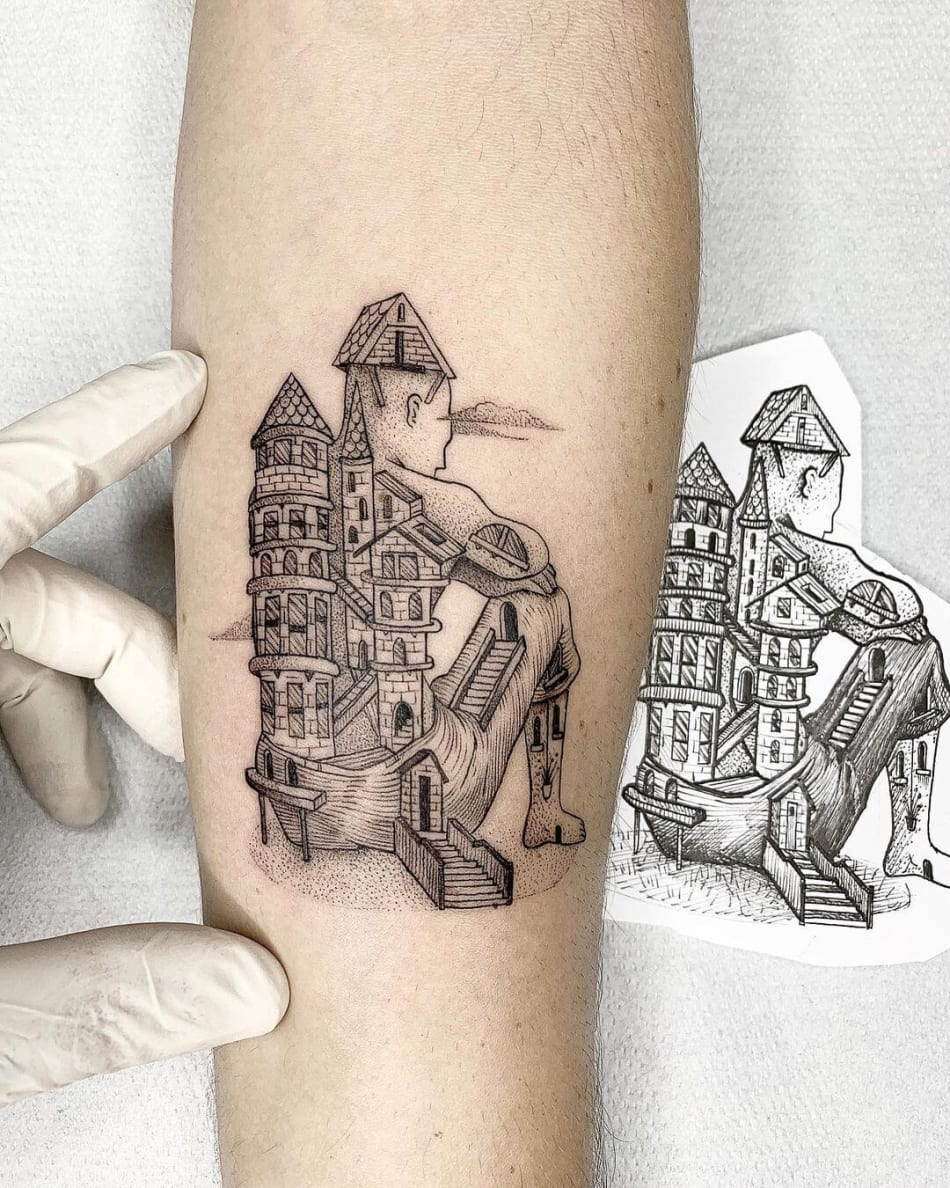 man tower building tattoo by Bombayfoor