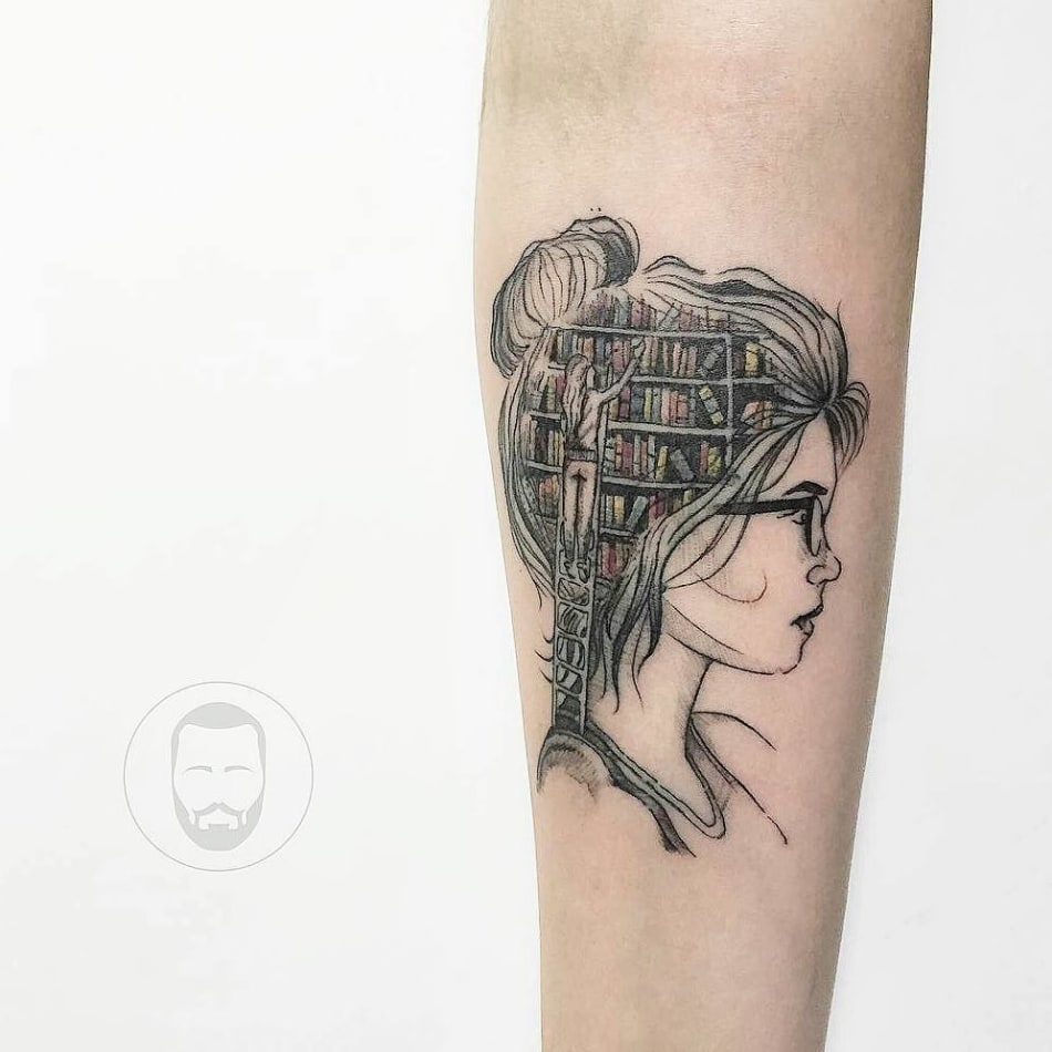 Book female portrait brain reading Tattoo