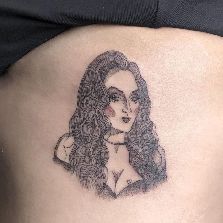 Portrait tattoo showing Michelle Visage by Brenda Mena