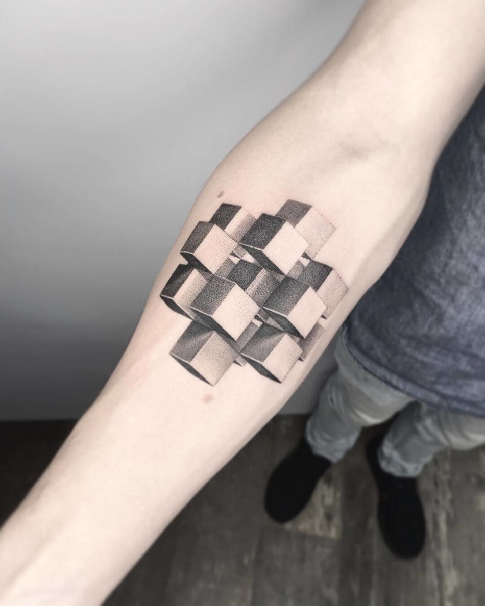 geometric dotwork cubes tattoo by Carlos Magone