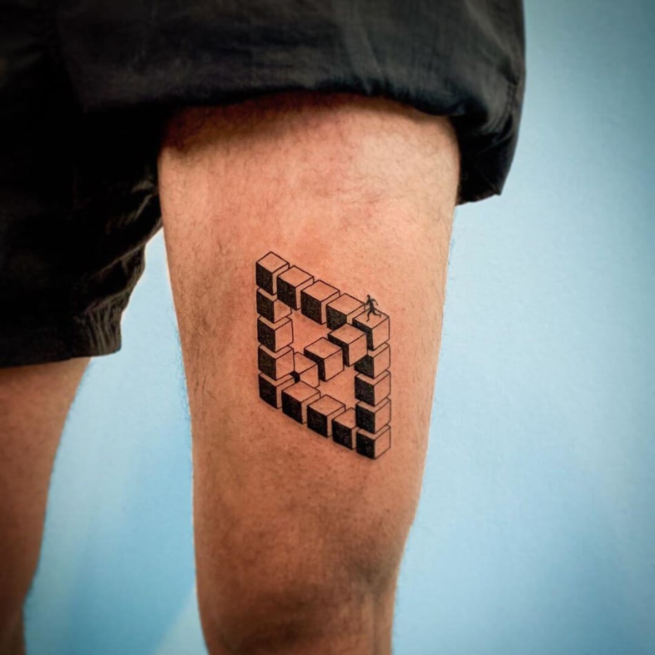 man running in 3d maze tattoo by Chloe