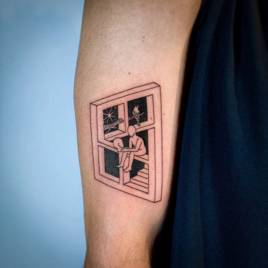 man staring at itself in window tattoo by Chloe