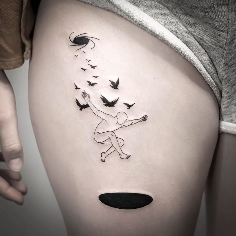 man with birds jumping in hole tattoo by Chloe