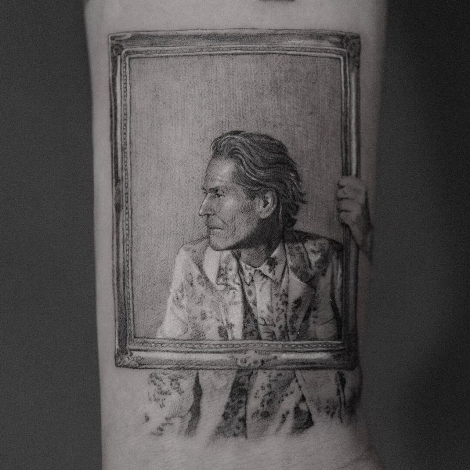 Willem Dafoe portrait in painting tattoo by Cold Gray