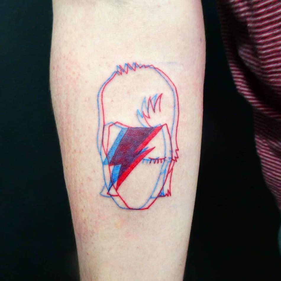 David Bowie minimal red and blue tattoo linework