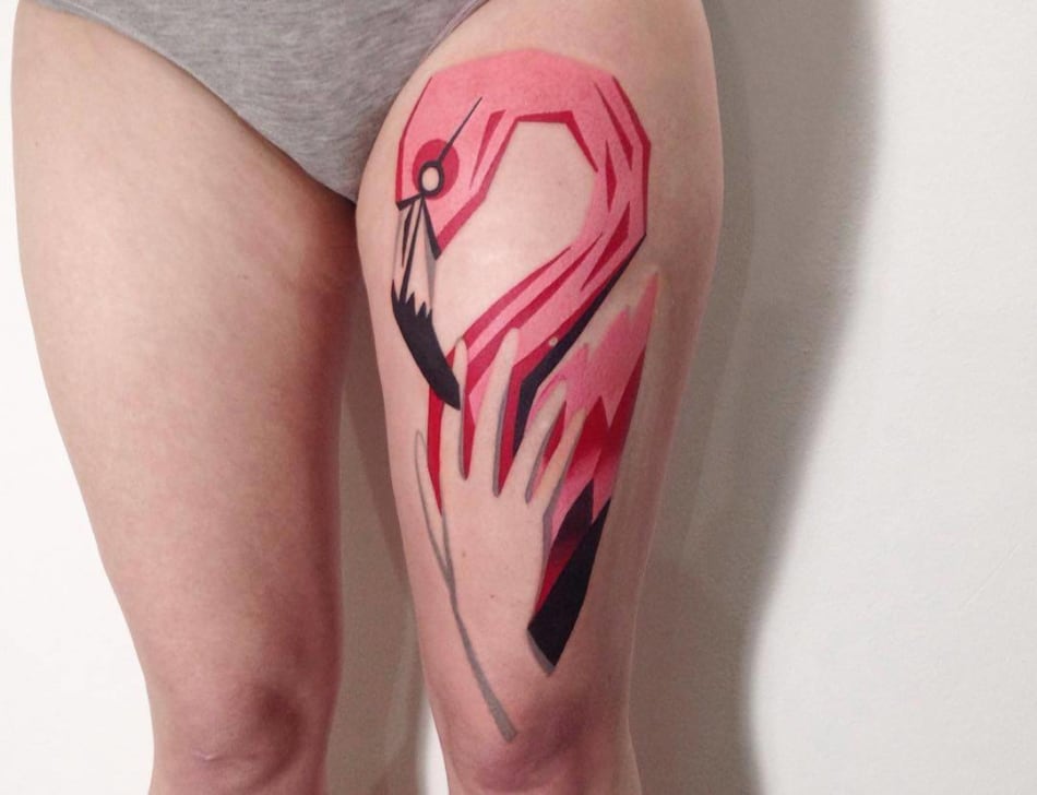 Flamingo with hand tattoo by Denis Marachin