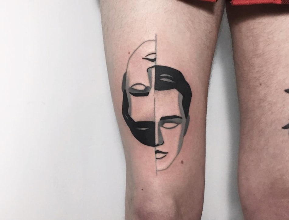 Graphic double face tattoo by Denis Marachin