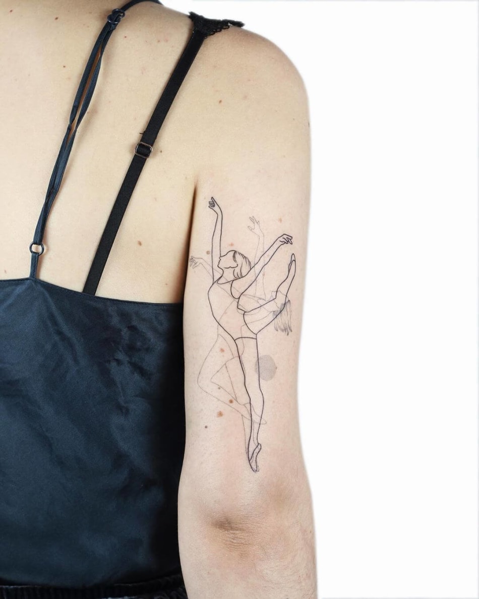 Dancing movement single line tattoo by Dominika Gajewska