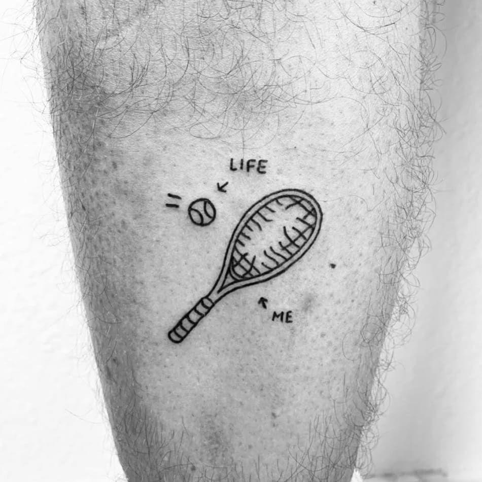 Tennis racket with hole represents me, the ball represents life, tattoo by Escozcc