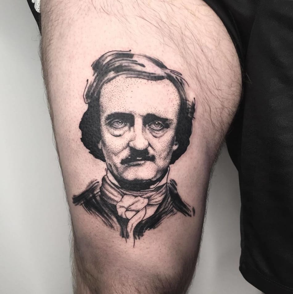 Edgar Allen Poe portait tattoo by Filipa Vargas