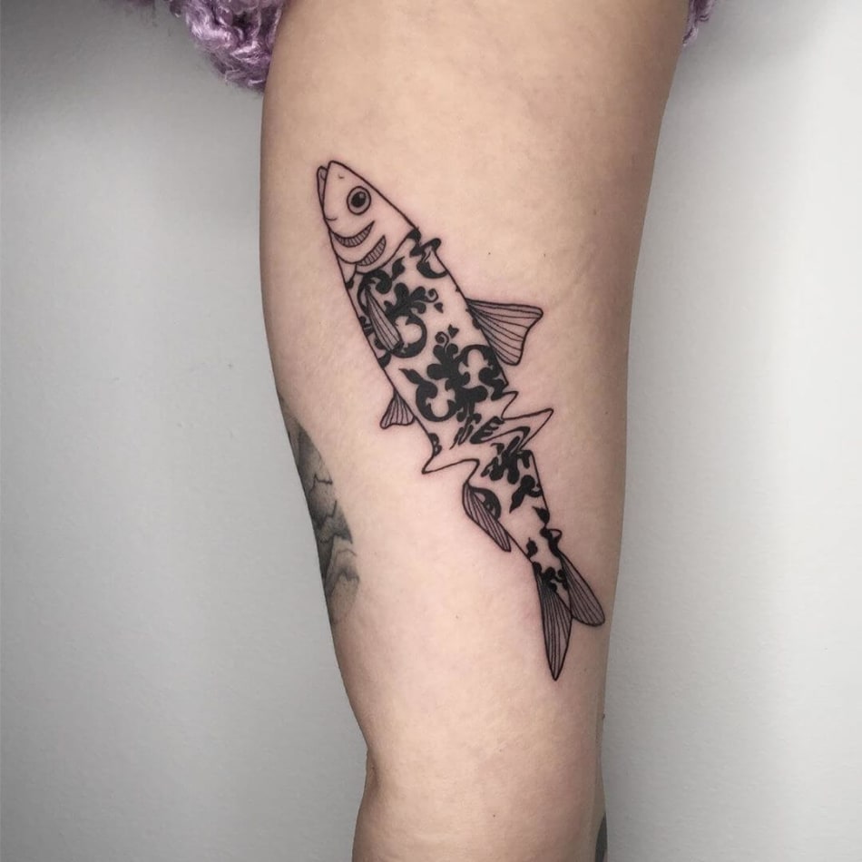 Sardine with pattern and glitch tattoo by Filipa Vargas