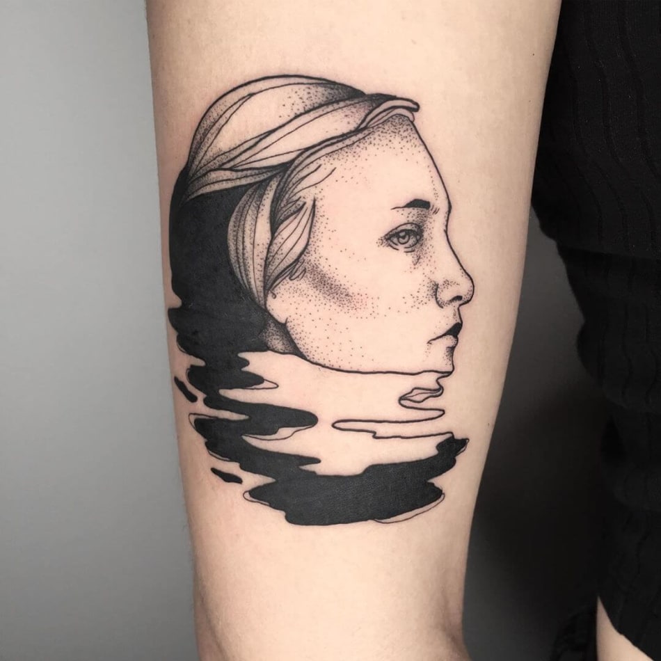 Woman in water dotwork tattoo by Filipa Vargas