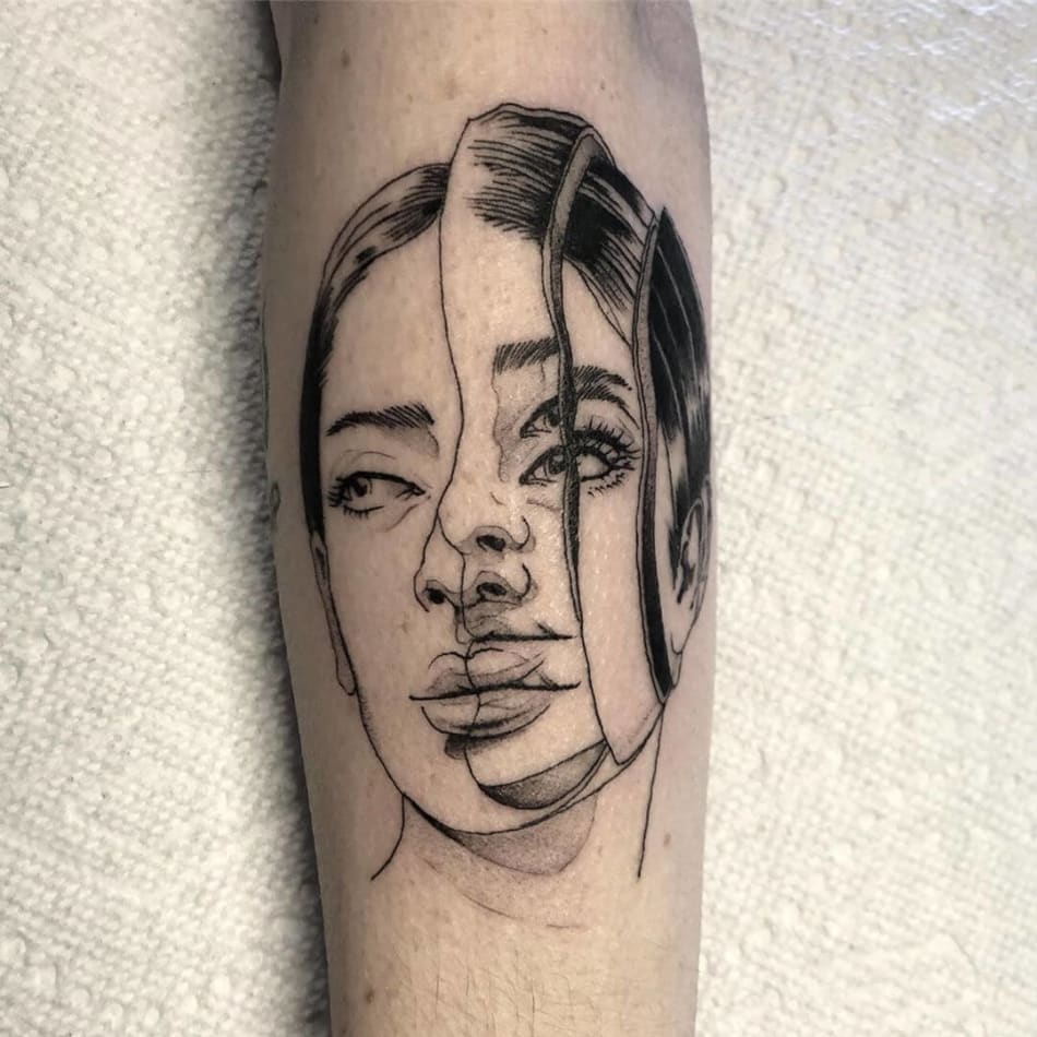 Distored portrait tattoo by Jordy Rios