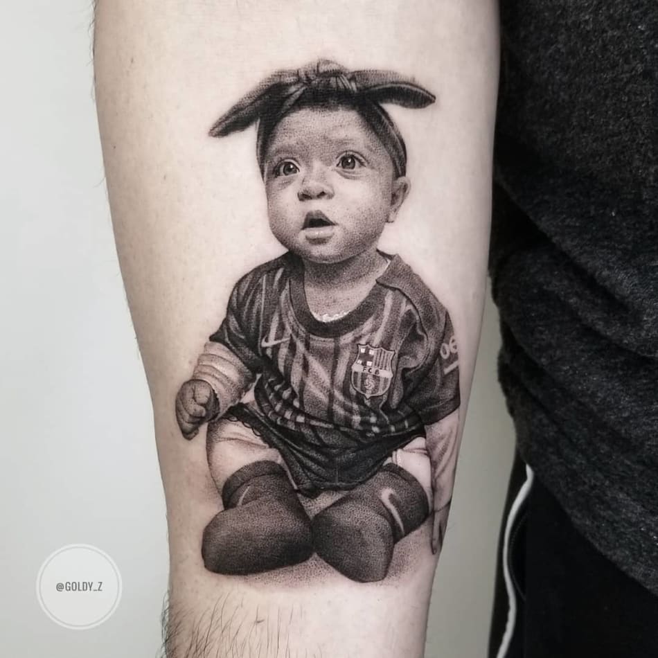 Baby portait with socces tshirt tattoo by Goldy_z