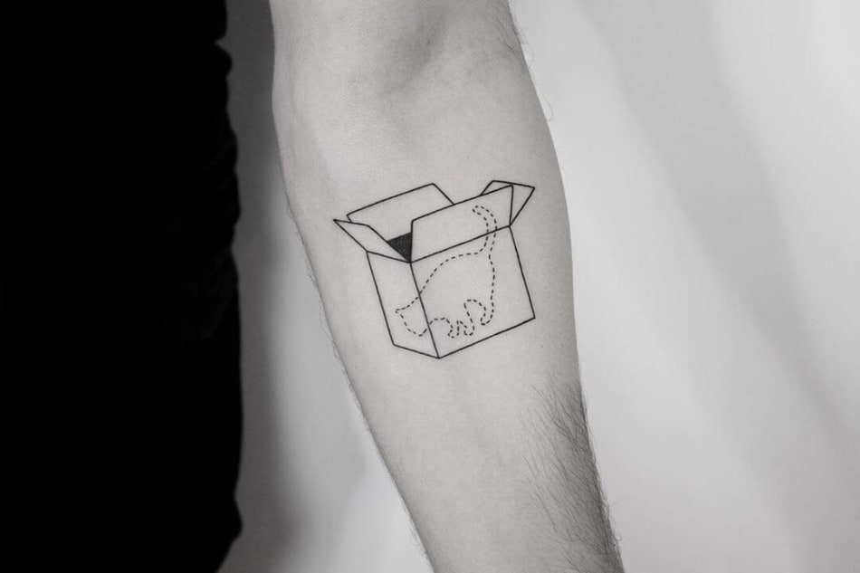 Schrodinger cat in box illustation tattoo by Ilya Brezinski