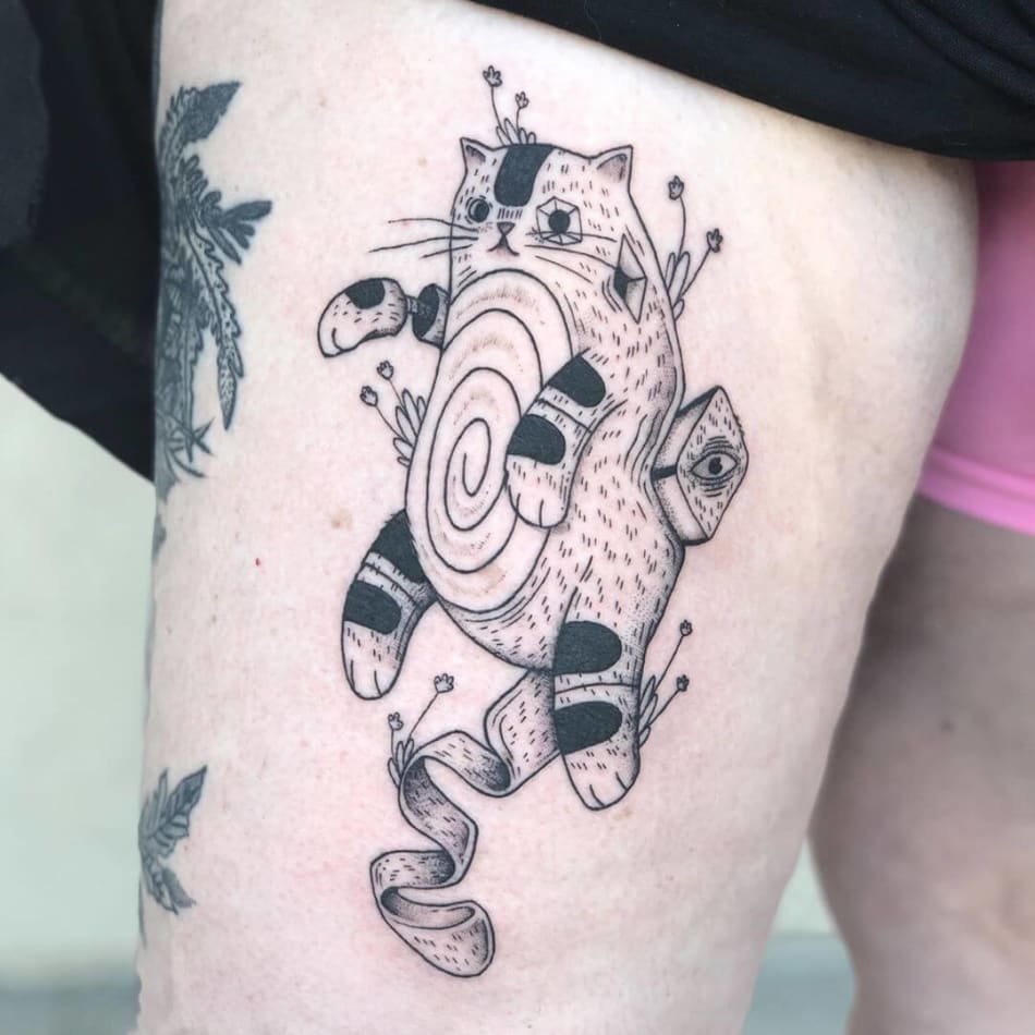 cat space illustraticve tattoo by Joshua Burd