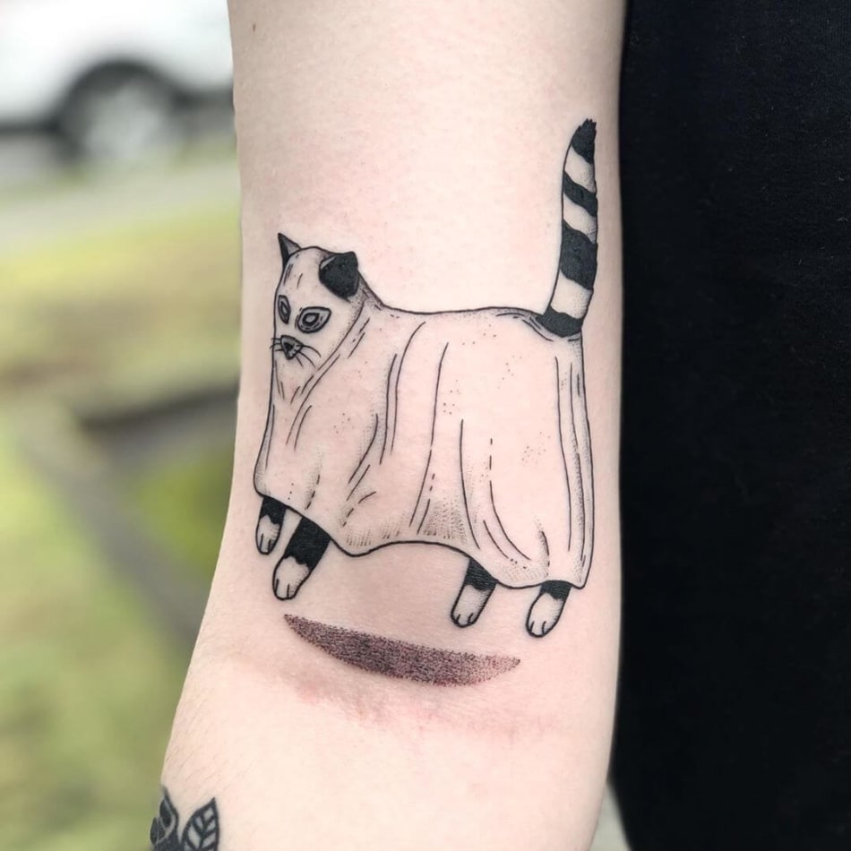 ghost cat tattoo by Joshua Burd