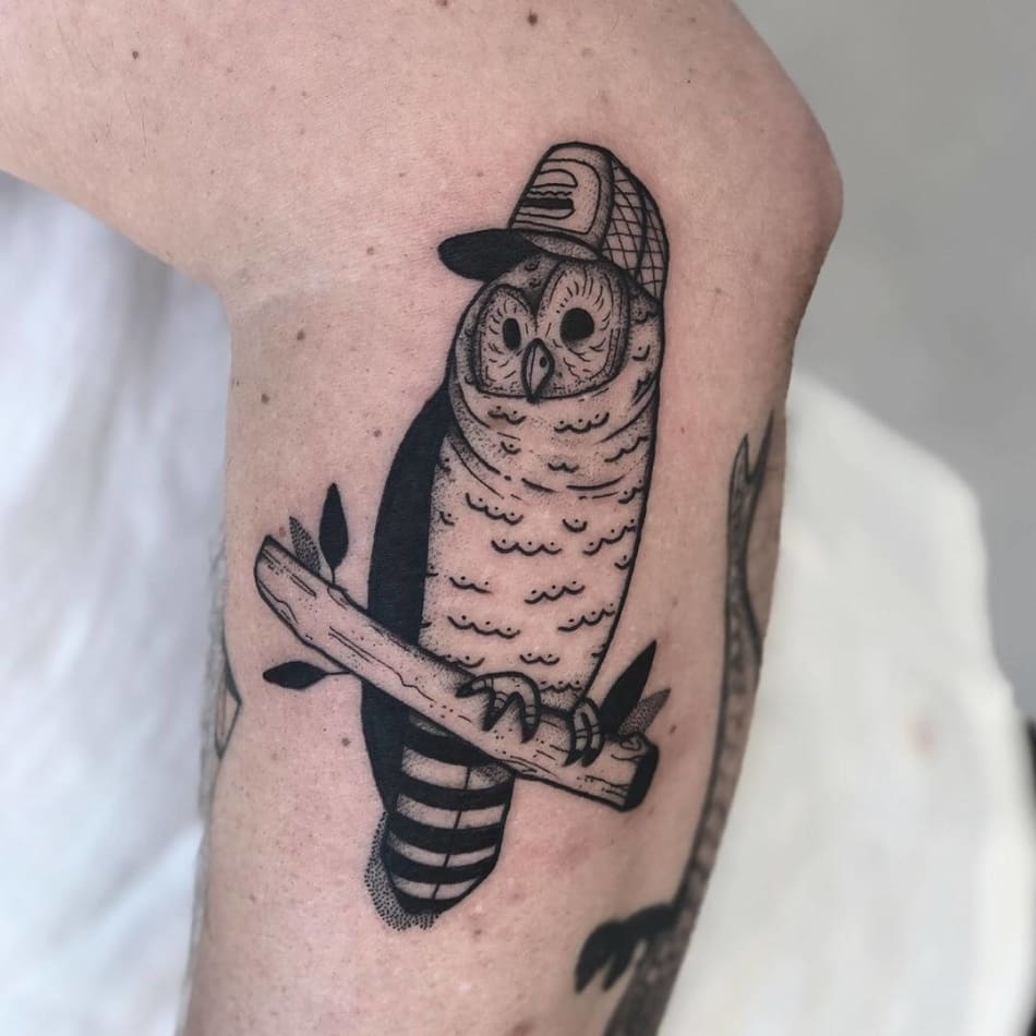 owl with hat illustrative animal tattoo by Joshua Burd