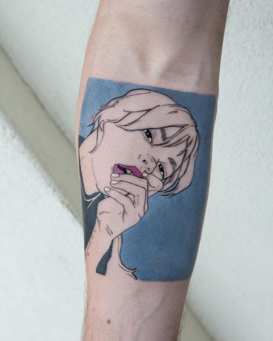 Badass woman portrait blue background tattoo by La Malafede