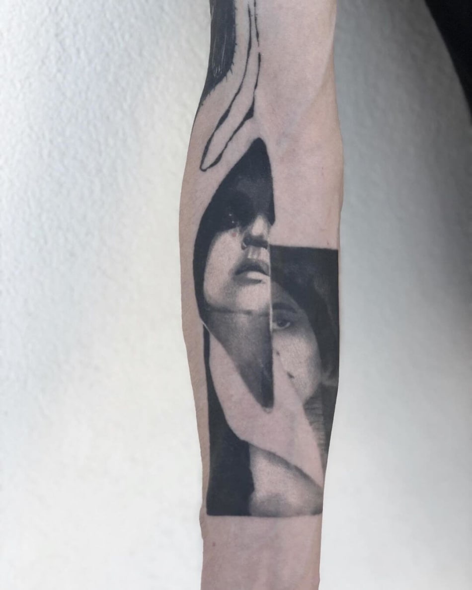 Blackwork distorted portrait tattoo by La Malafede