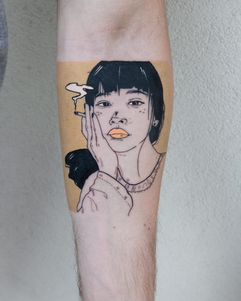 Female portrait with yellow accents smoking tattoo by La Malafede