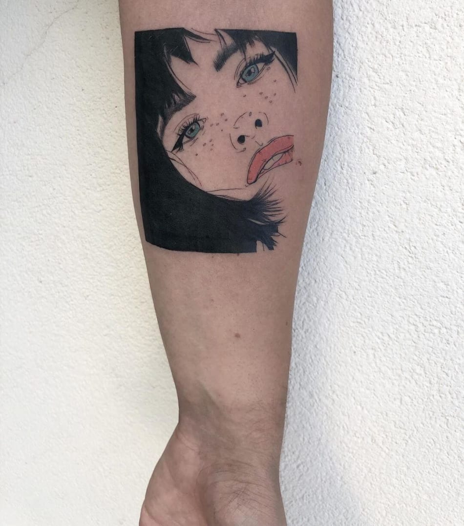 Popart like female portrait tattoo by La Malafede