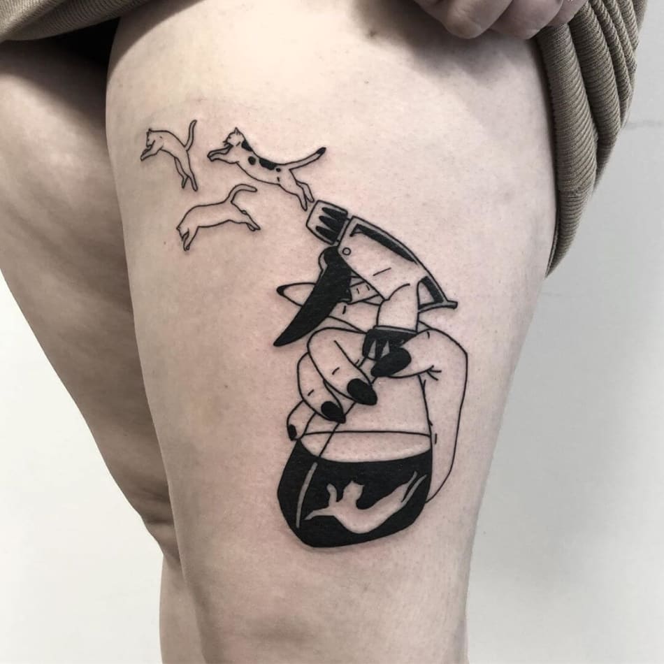 Bottle that sprays cats tattoo by laracailletattoo