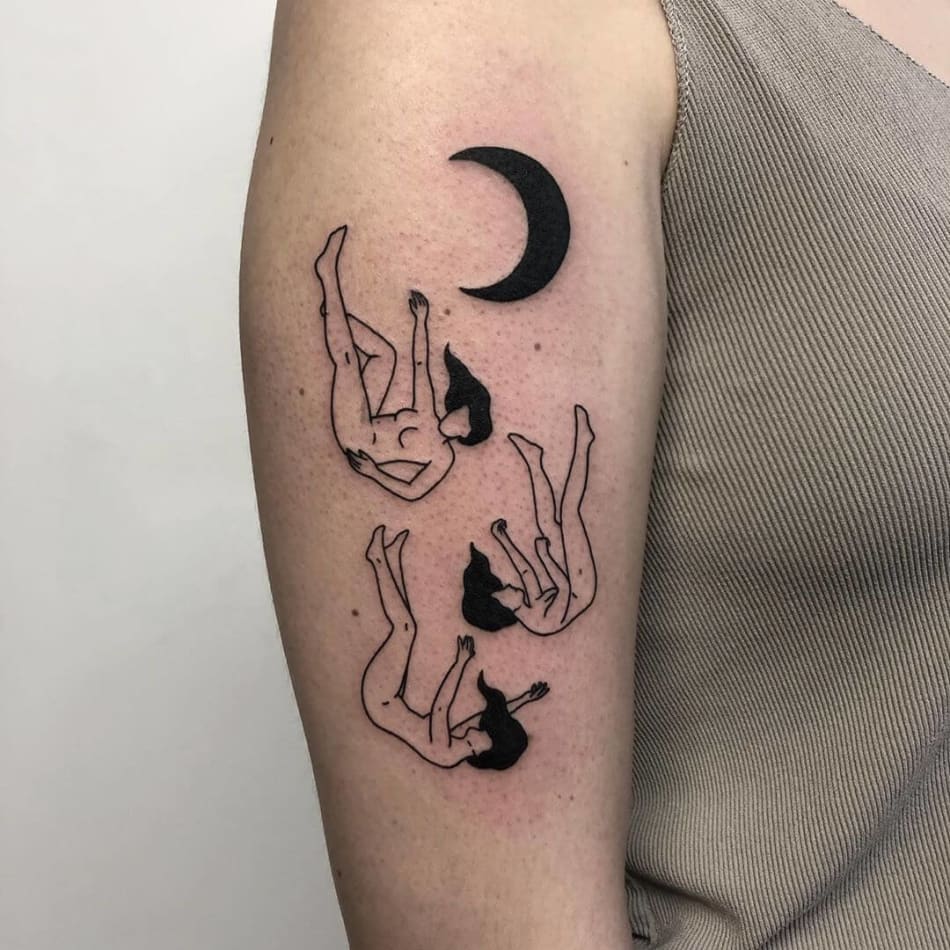 Three woman falling from the moon tattoo by laracailletattoo