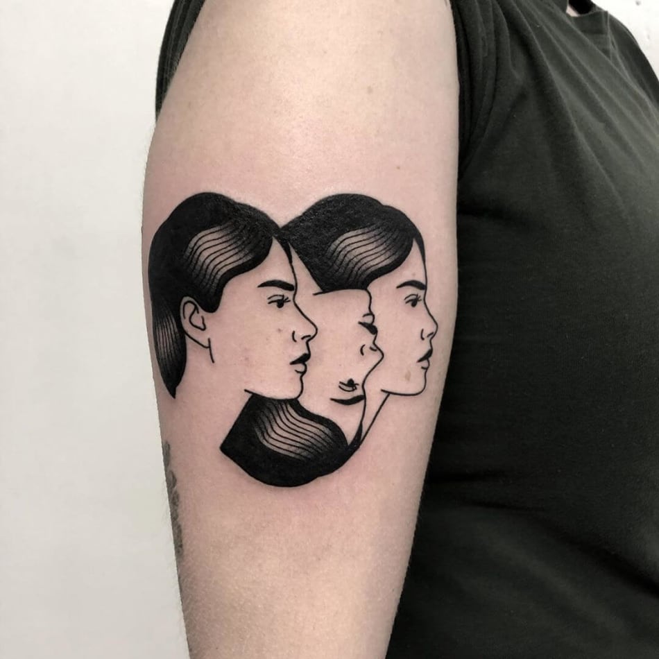 Three minimal portraits of woman heads adjoining tattoo by laracailletattoo