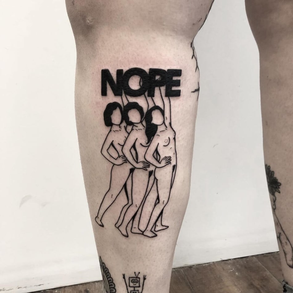 Portrait of three woman with the text nope behind them