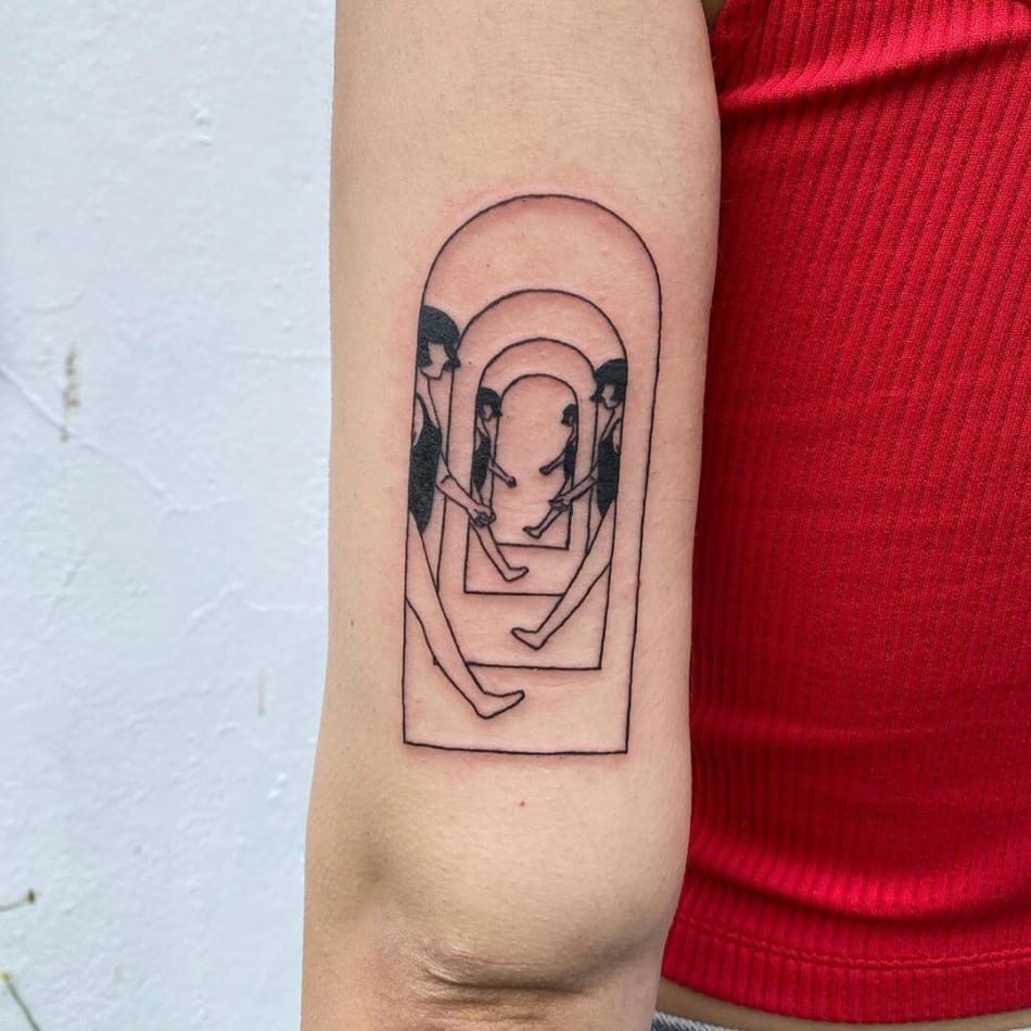 woman waling in door inception tattoo by Layla Chen