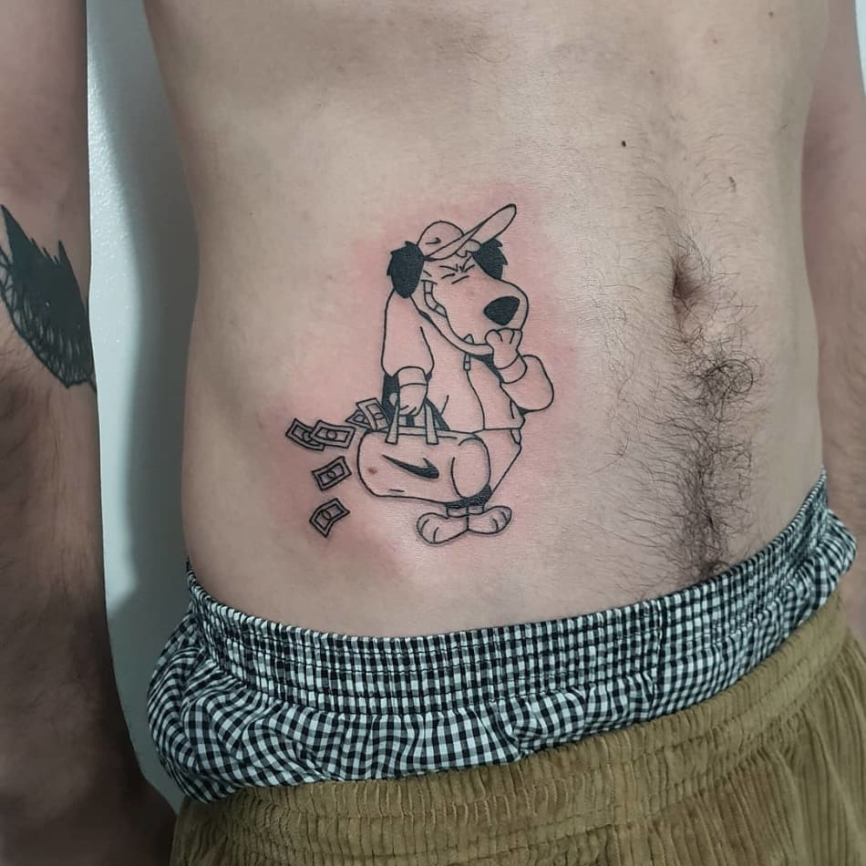 Mutley with nike bag filled with money tattoo by Lugosis