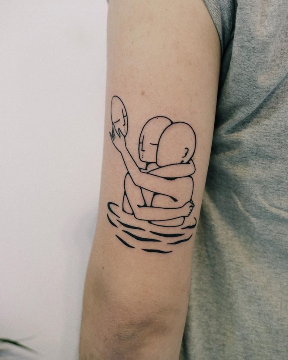 Abstract hugging people taking mask off tattoo by Léna Mačka